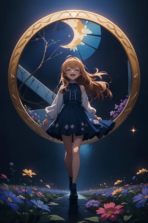 anime opening, (1girl), solo, a dreamscape aesthetic in Cobalt blue theme atmosphere, mosaic background, happy, floral, (wallpaper style), movie trailer, cinematic, screencap, still shot, true perception, comfortable