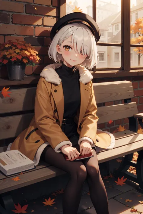 depth of field, (autumn light:1.2), 1girl, white hair, short hair, long banns, golden eyes, hair over one eye, put book on her knee, slight smiling, beige fur coat, black painters hat worn a side, black pantyhose, sitting on a wooden bench, outdoors, red brick walls behind, country streets, Windows on walls,