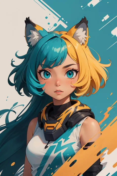 (masterpiece:1.1), (highest quality:1.1), (HDR:1.0), extreme quality, cg, (negative space), detailed face+eyes, 1girl, fox ears, animal ear fluff, (plants:1.18), (fractal art), (bright colors), splashes of color background, colors mashing, paint splatter, complimentary colors, neon, (thunder tiger), compassionate, electric, limited palette, synthwave, fine art, tan skin, upper body, (teal and white:1.2), time stop