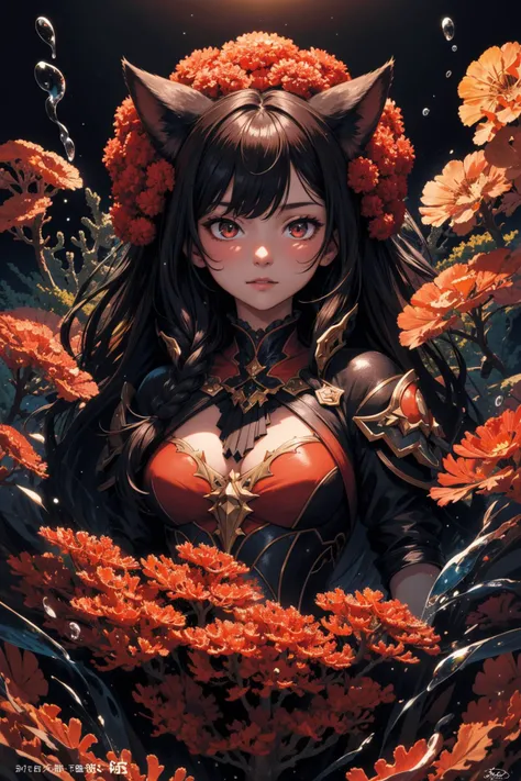 (masterpiece:1.0), (highest quality:1.12), (HDR:1.0), a girl, illustration, cover art, (black:1.2), (portrait), coral background, splash, (animal ear fluff:0.7)