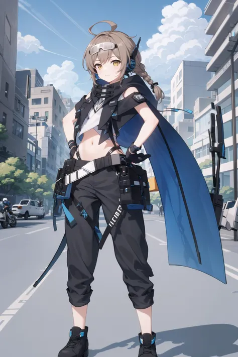 masterpiece, best quality, <lora:xinxia:0.8:AACC>,
1girl, solo, hands on hip, fingerless gloves,  braid, black footwear, ahoge, navel, long hair, pants, black gloves, headset, goggles, looking at viewer, goggles on head, midriff, brown hair, cloak, yellow eyes, crop top, weapon on back, brown eyes,  black pants, shoes, city, modern, sunshine, blue sky, cloud