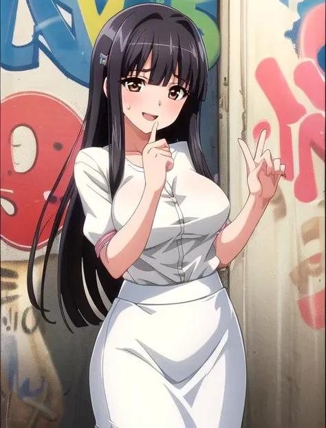 best quality, masterpiece, highres, detailed, anime screencap, <lora:Detail - add_detail:0.2>, EbiharaUra, black hair, long hair, brown eyes, white blouse, white pencil skirt, graffiti, slum background, <lora:Character - EbiharaUra:00.9>, amused, mature woman, Cowboy shot