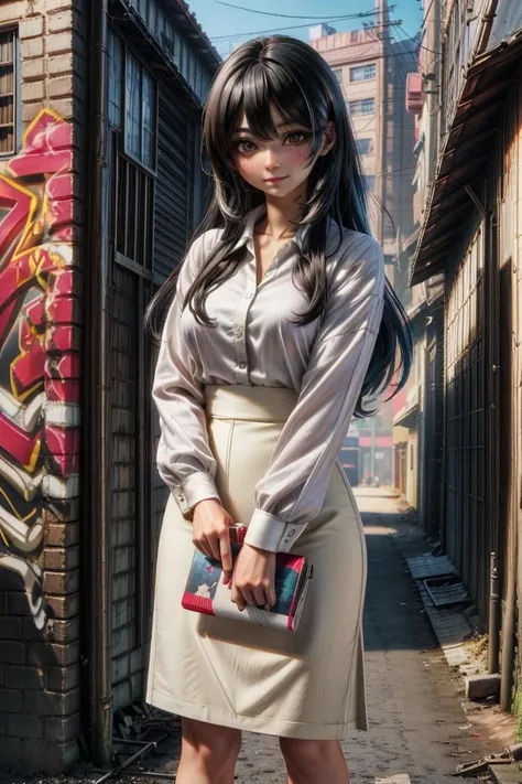 best quality, masterpiece, highres, detailed, anime screencap, <lora:Detail - add_detail:0.2>, EbiharaUra, black hair, long hair, brown eyes, white blouse, white pencil skirt, graffiti, slum background, <lora:Character - EbiharaUra:00.9>, amused, mature woman, Cowboy shot