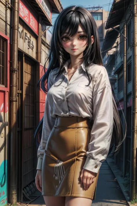 best quality, masterpiece, highres, detailed, anime screencap, <lora:Detail - add_detail:0.2>, EbiharaUra, black hair, long hair, brown eyes, white blouse, white pencil skirt, graffiti, slum background, <lora:Character - EbiharaUra:00.9>, amused, mature woman, Cowboy shot
