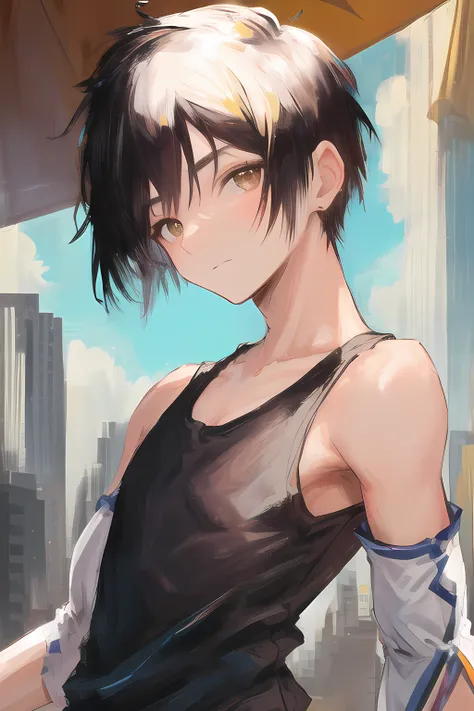 1boy, short hair (shaved sides), tank top (detached sleeves), looking at viewer, upper body, from side