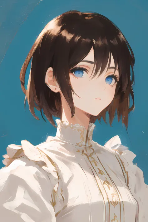 mature female, short hair (brown, bangs), blue eyes, ((upper body)), ornate dress (decorated)