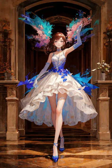 (masterpiece), (best quality), cinematic lighting, 1girl, full body, colorful (ballgown) without black color, elbow gloves, colorful legware, intricate beautiful face, in a ballroom