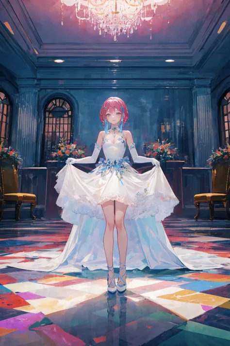 (masterpiece), (best quality), cinematic lighting, 1girl, full body, colorful (ballgown) without black color, elbow gloves, colorful legware, intricate beautiful face, in a ballroom