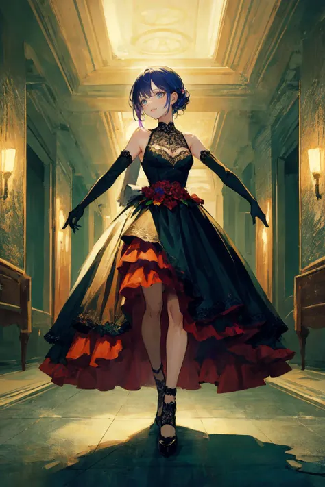 (masterpiece), (best quality), cinematic lighting, 1girl, full body, colorful (ballgown) without black color, elbow gloves, colorful legware, intricate beautiful face, in a ballroom