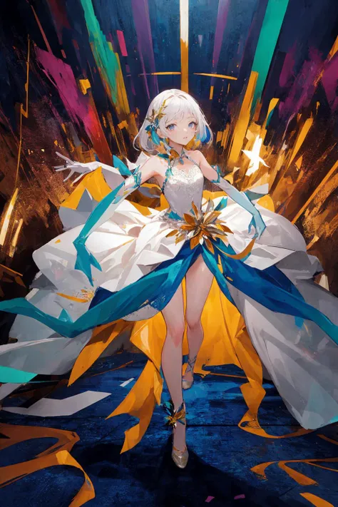 (masterpiece), (best quality), cinematic lighting, 1girl, full body, colorful (ballgown) without black color, elbow gloves, colorful legware, intricate beautiful face, in a ballroom