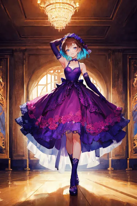 (masterpiece), (best quality), cinematic lighting, 1girl, full body, colorful (ballgown) without black color, elbow gloves, colo...