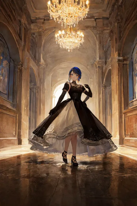 (masterpiece), (best quality), cinematic lighting, 1girl, full body, colorful (ballgown) without black color, elbow gloves, colorful legware, intricate beautiful face, in a ballroom