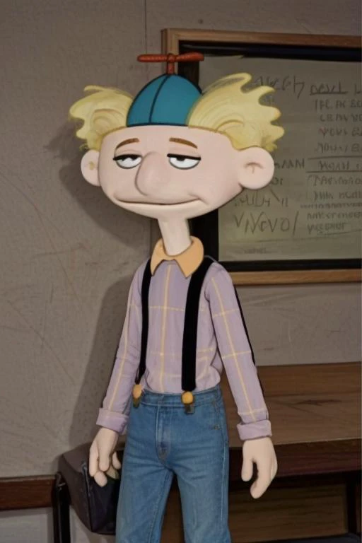<lora:Arnie - Hey Arnold - 1996 - V1:0.85> arnie_ha, yellow hair, propeller hat, pale blue shirt with yellow plaid, suspenders, <lora:l_32:-0.4>, <lora:Puppet:1.1> puppet<lora:LCM_SD15:1.0>