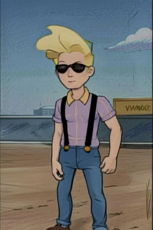 <lora:Arnie - Hey Arnold - 1996 - V1:0.85> arnie_ha, yellow hair, propeller hat, pale blue shirt with yellow plaid, suspenders, <lora:l_32:-0.4>, <lora:johnnyBravo1:0.7> johnny bravo, solo, blonde hair, 1boy, sunglasses, shirt, black shirt, pants, muscular, denim, t-shirt, jeans, muscular male, simple background<lora:LCM_SD15:1.0>