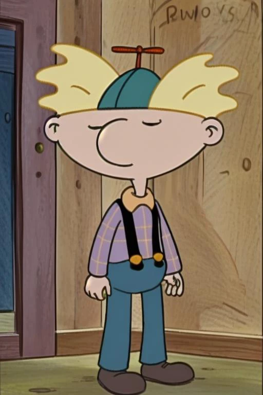 <lora:Arnie - Hey Arnold - 1996 - V1:0.95> arnie_ha, yellow hair, propeller hat, pale blue shirt with yellow plaid, suspenders,  <lora:l_32:-0.85><lora:LCM_SD15:1.0>