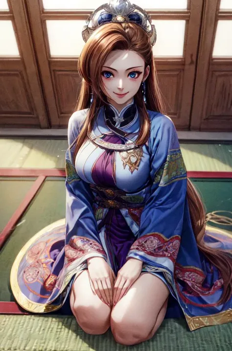(masterpiece, best quality, ultra detailed, absurdres)1.5, 1girl, (sexy, beautiful woman, perfect face, perfect eyes, perfect female body)1.5, (KatarinaClaes, long hair, brown hair, earrings, blue eyes, extremely detailed clothes, seductive smile, lap, miaofashion, floral print, hairdress, <lora:HameFura - Katarina Claes:0.7>, <lora:geisha - kimono - Miao Fashion:0.9>), (seiza, kneeling, okiya, indoors, tatami, <lora:position - geisha - Seiza:1>), night, smooth, hdr, <lora:more_details:0.7>
