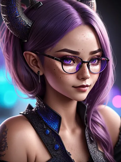 a closeup portrait of a cute draconian JijiAI girl, round glasses, pointy ears, dragon horns, (detailed, intricate [black | purple] scaly skin:1.2), [red | blue eyes], eyeshadow,
amazing body, [ash blonde | ginger | pink hair], freckles, flirting with camera, digital art