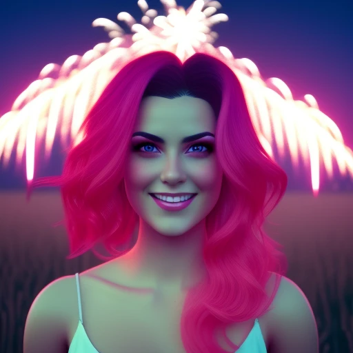 digital art, retro, AGFA, Kodak, 1girl, aerial_fireworks, bracelet, portrait, digital art,fireworks, long_hair, looking_at_viewer,  smile, trending on artstation, octane render, frost engine 3, solo, rtrophto1