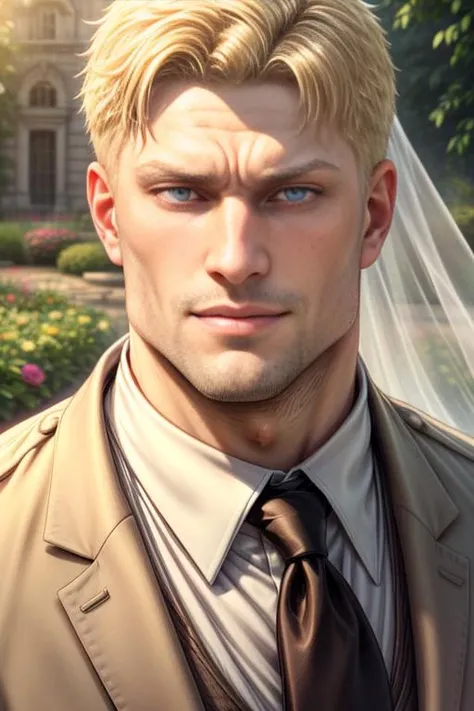 reiner braun, elegant dress, husband, tie, pectorals, beard, closed mouth, smile, garden, wedding ceremony, beautiful, hunk, yellow eye color, perfect eyes, well defined eyes, beautiful face, blonde bride <lora:more_details:1> <lyco:husbandoLocon_v33:0.3> <lora:reiner:0.9>