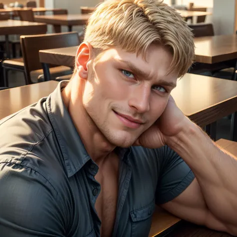 reiner braun, modern setting, sitting on a chair, taking a coffee, looking at you, blue shirt, unbuttoned, pectorals, beard, closed mouth, smile, caf, coffee, beautiful, hunk, yellow eye color, perfect eyes, well defined eyes, beautiful face <lora:more_details:1> <lyco:husbandoLocon_v33:0.3> <lora:reiner:0.9>
