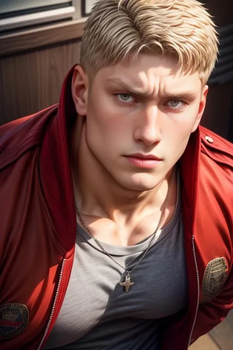 reiner braun, modern setting, high school, looking at you, arrogant, high school, bully, high school bully, varsity jacket, red jacket, thick silver necklace, pectorals, big biceps, beautiful, hunk, yellow eye color, perfect eyes, well defined eyes, beautiful face, seen from above <lora:more_details:1> <lyco:husbandoLocon_v33:0.3> <lora:reiner:0.9>