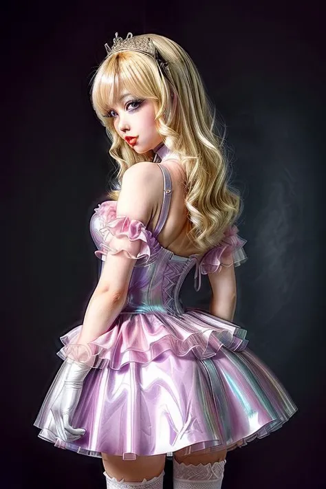 blonde evil corrupted young princess wearing dark pastel (ruffled:1) (gleaming latex:1) gown with latex bridal gloves, soft lighting, (Mary Janes shoes:1), ruffles, (pureerosface_v1:1), juicy tights,