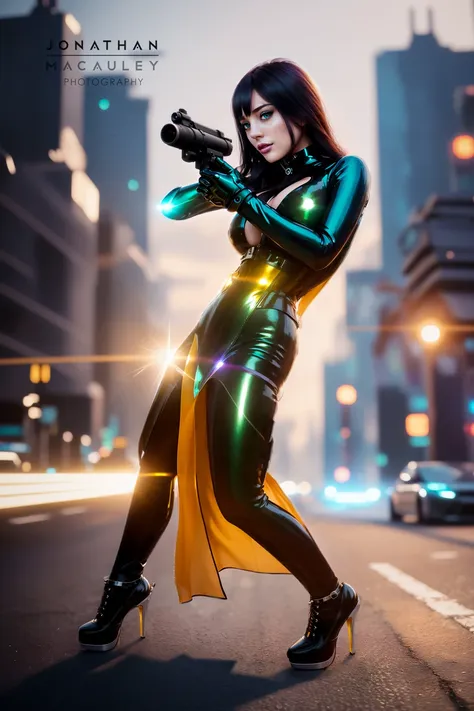 solo Woman holding handgun in both hands out in front, wearing multicolor latex, latex corset, (shiny latex:1.2), (future city), daytime, bright sun, backlit, science fiction, detailed city, (masterpiece:1.3), best quality, ultra high res, (sharp focus), (photorealistic:1.4), extremely detailed cg unity 4k wallpaper, (outdoors:1.2), beautiful female, beautiful eyes, (beautiful detailed hair:1.1), (beautiful face:1.1), (perfect skin), full breasts, Digital art, glow effects, light trails, render, 8k, octane render, cinema 4d, blender, dark, atmospheric 4k ultra detailed, cinematic sensual, Sharp focus, big depth of field, 3d octane render, 4k, artstation, hyperrealistic, Vivid colors, modelshoot style, (extremely detailed CG unity 8k wallpaper), Intricate, High Detail, Sharp focus, dramatic, photorealistic