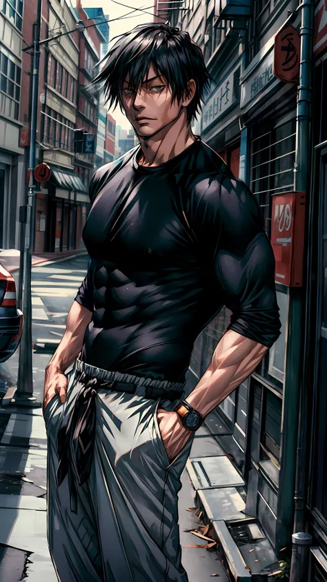 about 35 years old, with muscles with an elegant style and black hair with gray