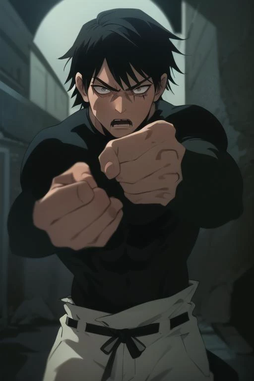(masterpiece, top quality, best quality, beautiful, and aesthetic:1.2) balled fist, looking at viewer, cowboy shot, 1boy, intense expression, <lora:jjk_fushigurotouji-11:0.8> fushiguro toji, muscular male, (black shirt:1.2), short sleeves, pants, scar, dark top, dark colored shirt,