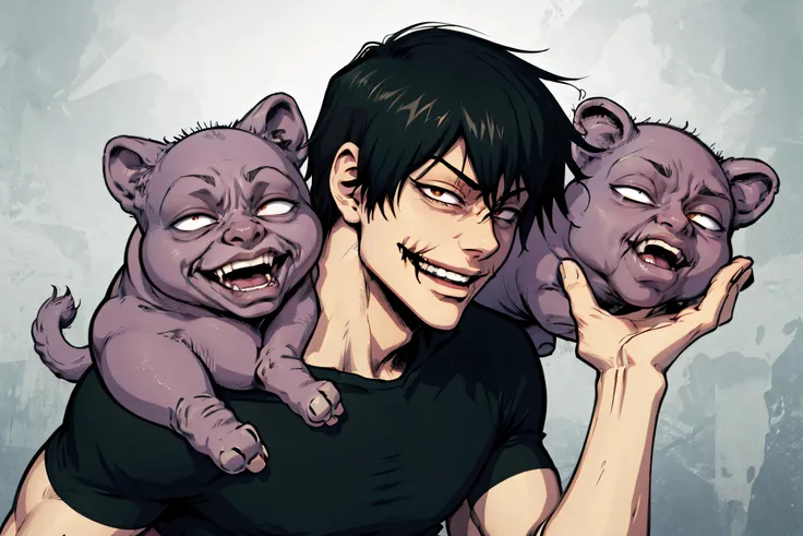 <lora:jjk_fushigurotouji:0.8> fushiguro toji, muscular male, black shirt, short sleeves, pants, monster <lora:edgGesugao:0.8> edgGesugao, edgGesugao facial expression, sadistic smile, evil smile