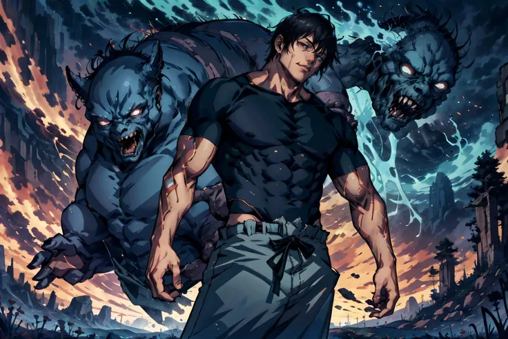 <lora:Fantastic_Landscape-LoRA:0.8> Fantascape , <lora:jjk_fushigurotouji:0.8> fushiguro toji, muscular male, black shirt, short sleeves, pants, monster,