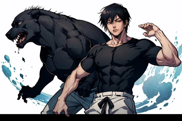 <lora:jjk_fushigurotouji:0.8> fushiguro toji, muscular male, black shirt, short sleeves, pants, monster