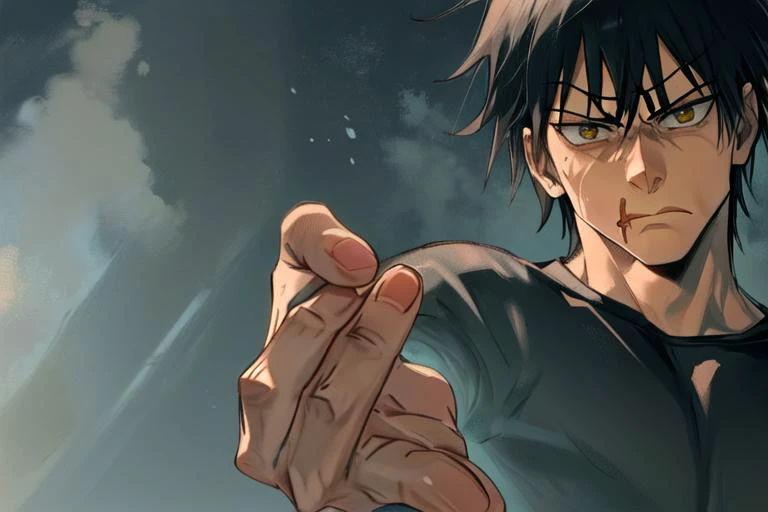 (masterpiece, top quality, best quality, beautiful, and aesthetic:1.2) fushiguro toji, MUSCULAR MALE
BLACK SHIRT
SHORT SLEEVES, portrait shot, hand, holding hand up to viewer, staring at viewer, closed mouth, angry, horrified, shocked, rage,<lora:jjk_fushigurotouji-11:1>
