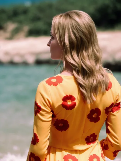 <lyco:the bride_v1.0:1> portrait of the bride, posing, (wearing a flowery dress:1.3), at the beach, sharp, bokeh, candid shot, realistic, film grain, vivid colors, back view