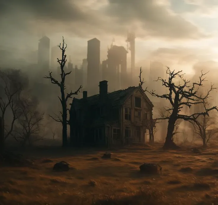 topnotch artstyle intricate evil robot in a dystopian landscape near an old wooden house.