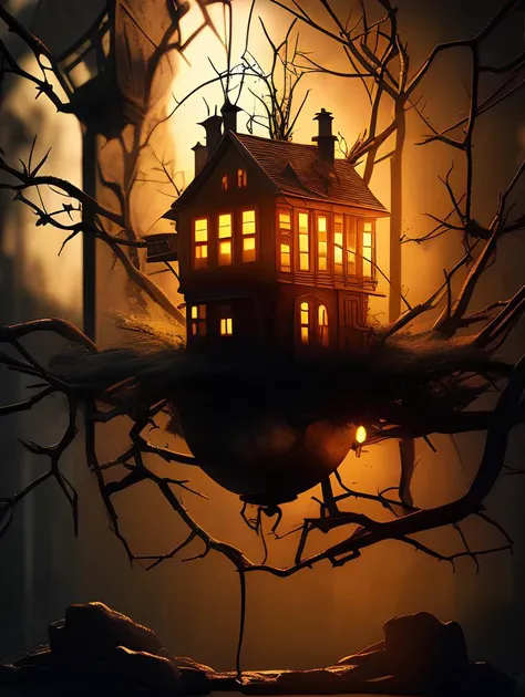 topnotch artstyle beautiful egg robot, clock, haunted house.