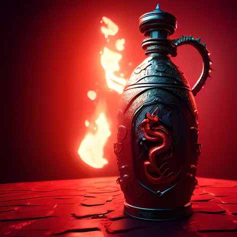 a photo of 8k ultra realistic red flask potion with a dragon sculpted, full body, ornate, cinematic lighting, trending on artstation, 4k, hyperrealistic, focused, high details, unreal engine 4, cinematic