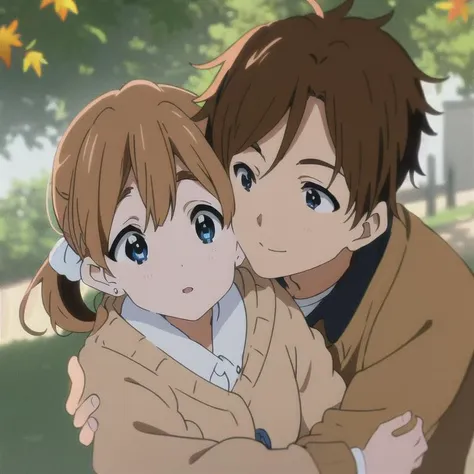 masterpiece, 1 boy with light brown hair, 1 girl with blue eyes and ponytail , couple, hug, looking at each other, kiss, leafs fall, autmn, park, by KyoAni