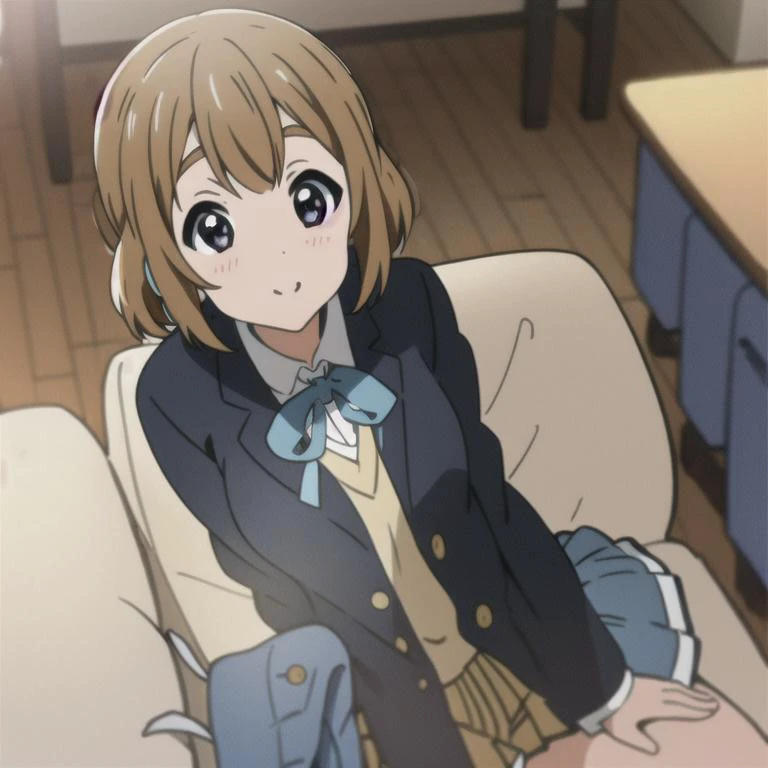 solo, 1girl, , school uniform, living room, by KyoAni