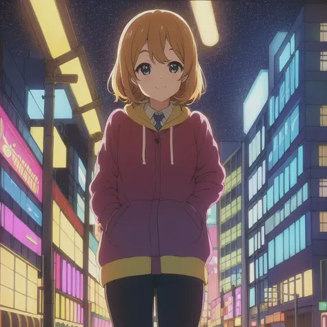 masterpiece, best quality, 1girl, solo, night, colorful, cityscape, cyberpunk, light smile, city pop, by KyoAni