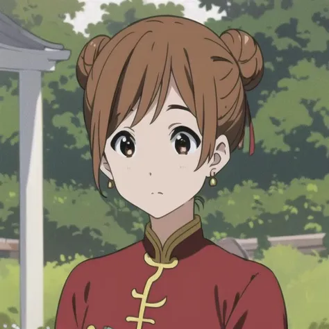 masterpiece, best quality, 1girl, mature female, solo, hair bun, brown hair, brown eyes, red chinese clothes, hair rings, dress, jewelry, bangs, outdoor, by KyoAni