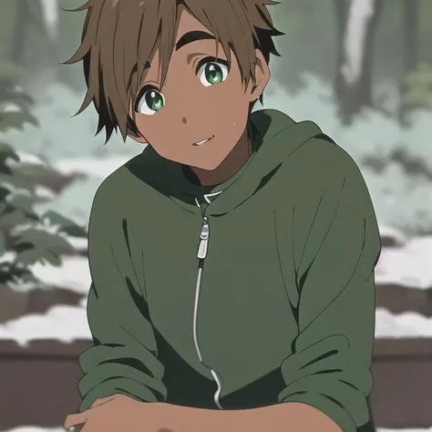 best quality, masterpiece, 1boy, anime boy with green eyes, mahogany skin color, short short hair having the color of dark coal, slightly thick eyebrows , cold forest, winter, looking at viewer, thick jacket, by KyoAni