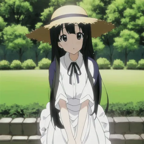 anime screencap, 1girl, mature woman, long black hair, tall, white long summer dress, straw hat, solo, perfect, masterpiece, pixiv, artstation, in a garden, by KyoAni