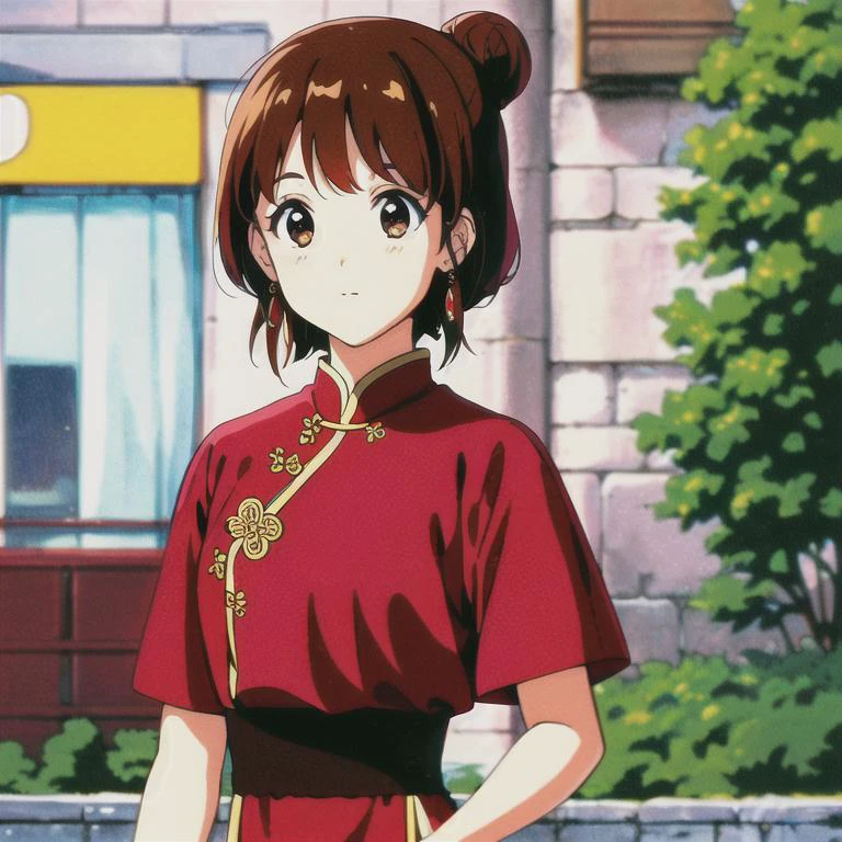 masterpiece, best quality, 1girl, mature female, solo, hair bun, brown hair, brown eyes, red chinese clothes, hair rings, dress, jewelry, bangs, outdoor, (1990s art style:1.3)