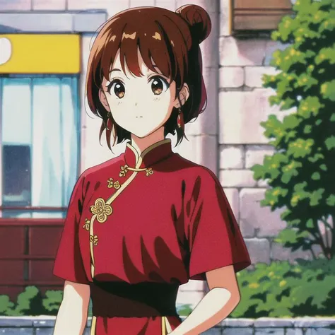 masterpiece, best quality, 1girl, mature female, solo, hair bun, brown hair, brown eyes, red chinese clothes, hair rings, dress, jewelry, bangs, outdoor, (1990s art style:1.3)