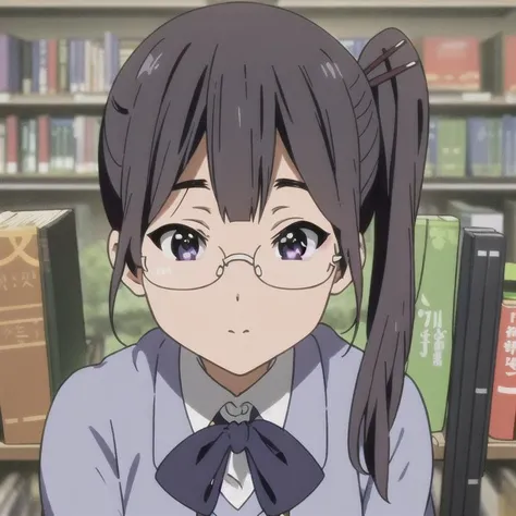 best quality, masterpiece,  1girl ashy-black hair with a side ponytail, violet eyes, frameless glasses, wear school uniform, library, by KyoAni