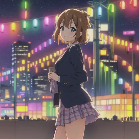 masterpiece, best quality, 1girl, solo, night, colorful, cityscape, cyberpunk, light smile, city pop, by KyoAni