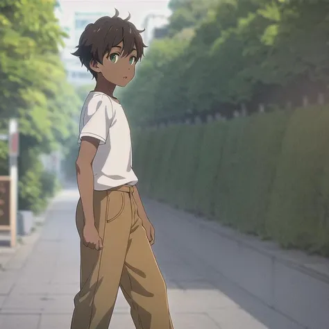 solo, 1boy, green eyes, mahogany skin color, short hair, wearing white T-shirt and long black trousers, walking in the street,  by KyoAni