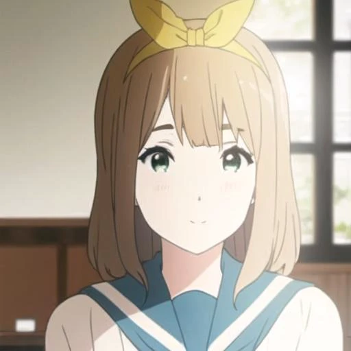 high quality, masterpiece, (Yuuko Yoshikawa:1.1), shoulder-length dirty-blond hair, square bangs, light-bluish-green eyes, pale-yellow bow headband, uncomfort feeling