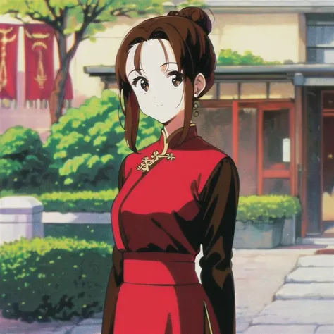 masterpiece, best quality, 1girl, mature female, solo, hair bun, brown hair, brown eyes, red chinese clothes, hair rings, dress, jewelry, bangs, outdoor, (1990s art style:1.3)